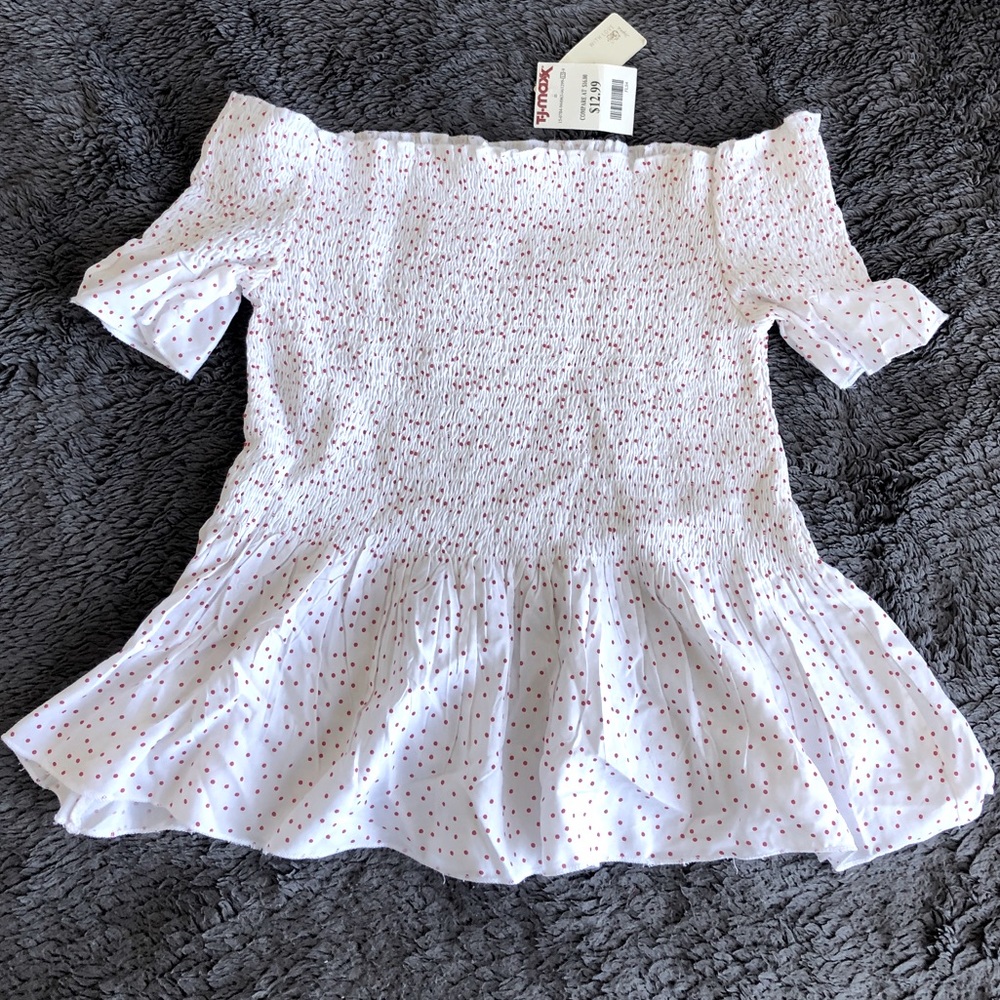 Smocked off the shoulder polka dot shirt